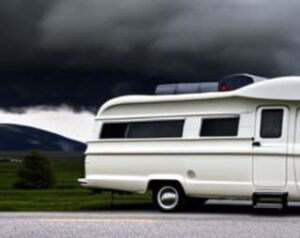 parked camper with storm clouds above it