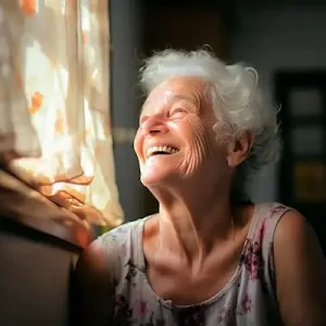 A happy older woman sitting by her window.