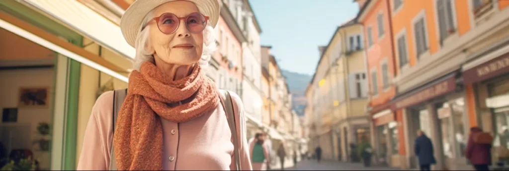 Older woman traveling alone in Europe.